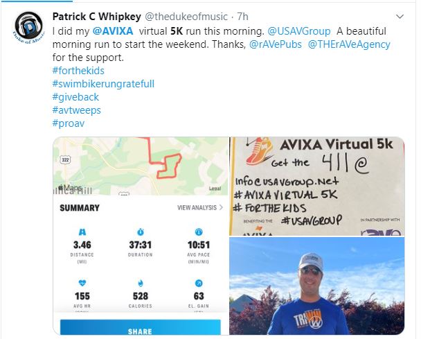 AVIXA's tweet photo. Have you participated in the #AVIXAVirtual5K yet? Get out this weekend and show us how your 5K goes! Register at https://t.co/9Evb3AWckT
Kudos to the #AVTweeps who've already participated. 🎽👟
@MichaelGarwood @thedukeofmusic @gkayye https://t.co/ruZhz4x3wp