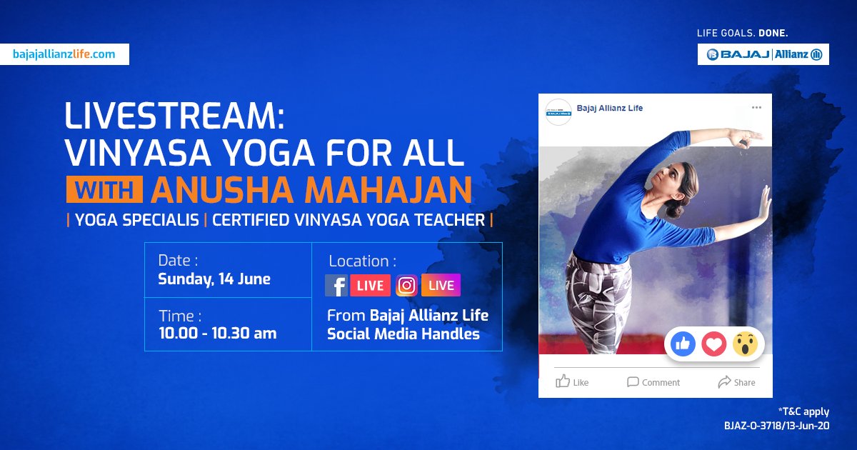 bajajlife_in's tweet photo. Flow from one form to another with our #VinyasaYoga session with Anusha Mahajan, as part of the #FitnessFromHome campaign.

Join our live session on FB and Insta pages this Sunday at 10am. Jab Soch pe no #lockdown, toh #LifeGoals pe no lockdown.

#GoalsNeverLockdown https://t.co/k1rxfK9TJW