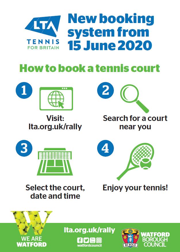 WatfordCouncil's tweet photo. If you use the tennis courts in:
- Cassiobury
- Lea farm
- North Watford
- Oxhey Grange

Please note that from Monday 15 June, you will need to book online to use the courts.

Find out more and book a court at https://t.co/aW7HGxFM3A https://t.co/5cQ5uJxGNs