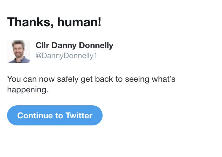 DannyDonnelly1's tweet photo. I just had to confirm I wasnβt a robot for the first time on Twitter. Iβm impressed by this attempt to clear out the bots ! #DefinitelyHuman https://t.co/M8E9iRwg4M