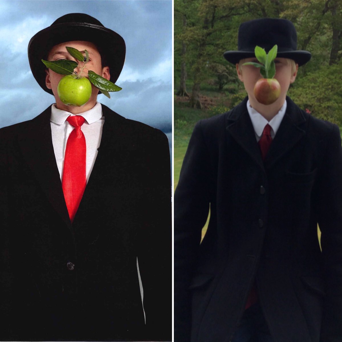 SFSOxford's tweet photo. Year 7 have created some brilliant versions of ‘The Son of Man’, a 1964 painting by the Belgian surrealist painter René Magritte. #SFRemoteLearning #art #Magritte https://t.co/WOLELI3fzF