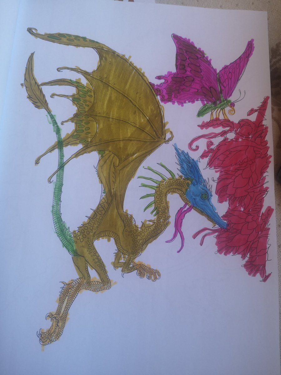 EmilyTeacups's tweet photo. The humming dragon in shrubbery. Coloured in by Leo, aged 9. #NoelsArtClub @noelfielding11 https://t.co/x25nIBj66S