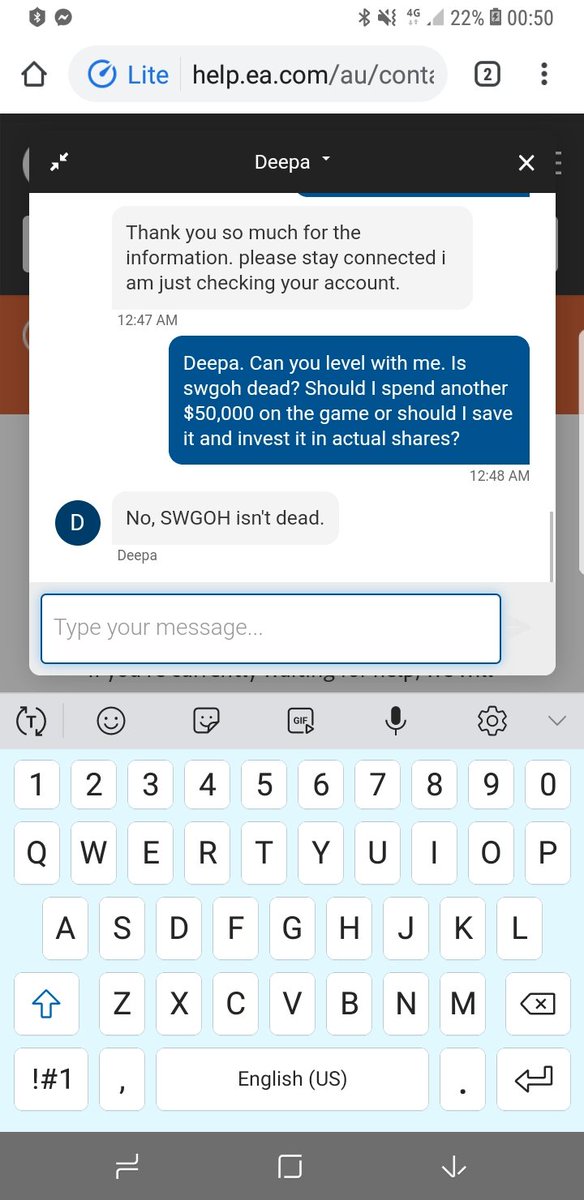 PhilipJanz's tweet photo. @AhnaldT101 this a dialogue with EA re SWGOH. Unprovoked mentioned you by name. Clearly this is on the radar! https://t.co/lMceeXsdjV