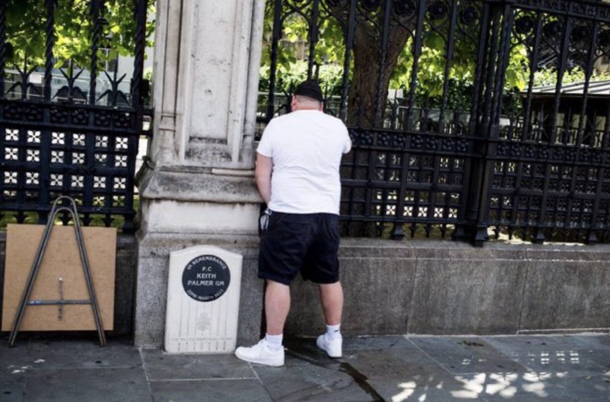 Though he was unarmed, in 2017 PC Keith Palmer stopped a knife-wielding terrorist from entering the Palace of Westminster. His bravery cost him his life. And this charming thug cares so very deeply about memorials, he’s chosen to urinate all over the one commemorating PC Palmer.