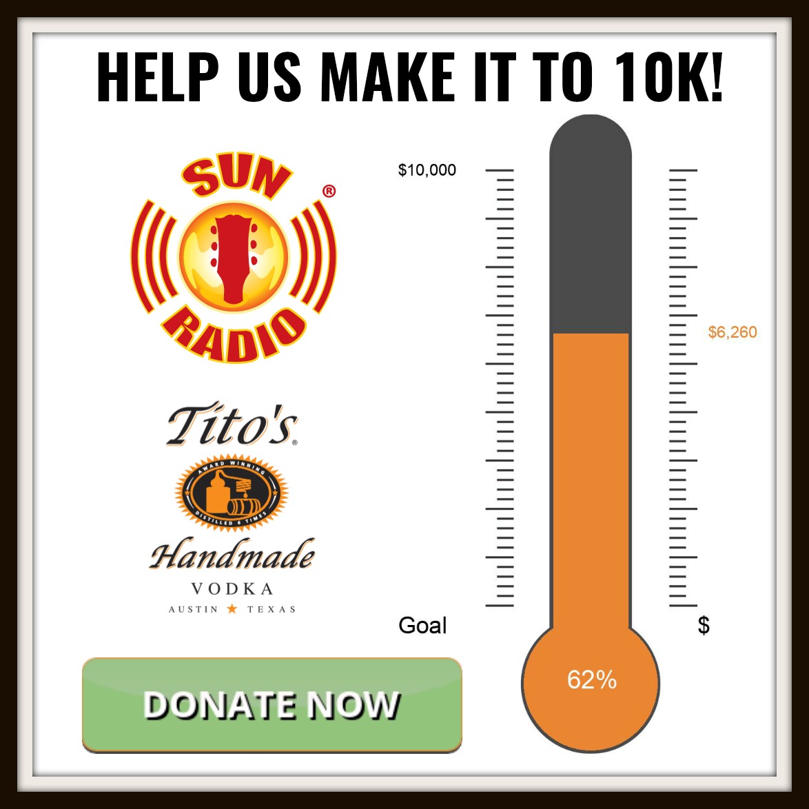 Good morning! We had a BIG jump in donations this morning bringing us to $6,260 towards making the <a href="/TitosVodka/">TitosVodka</a> 10k match, thanks in part to Dan Garrison of <a href="/garrisonbros/">Garrison Brothers</a>.

Help us make it to 10k to continue to help Central Texas musicians! Donate now: secure.donationpay.org/sunradio/