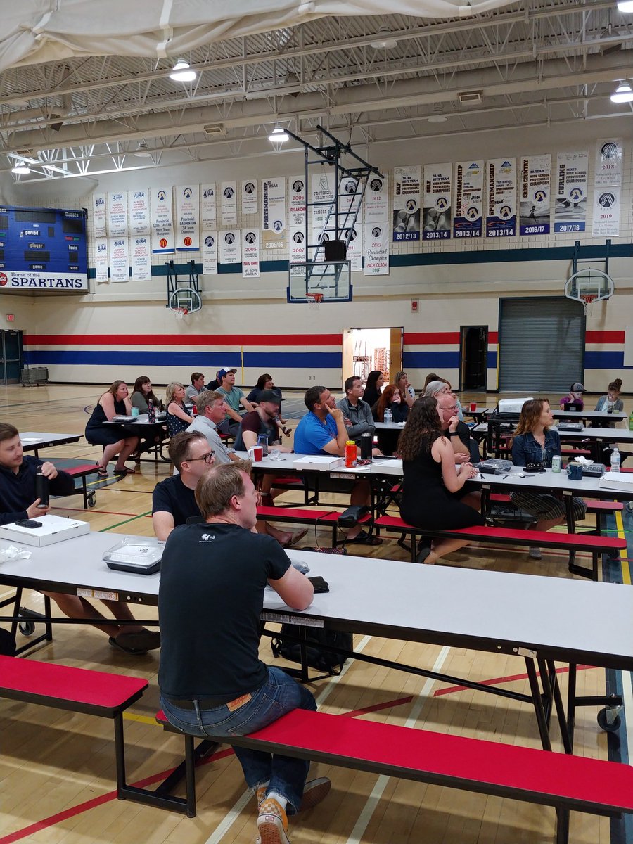 triKevinmertz's tweet photo. SHS teachers gather to watch the grad video and remember an interesting year. #strathmore https://t.co/KvE3dW1vtG