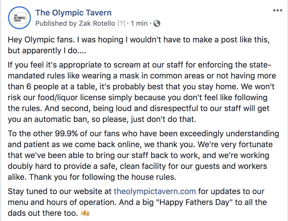 OlympicTavern's tweet photo. Scary that I had to post this, but after several parties were exceedingly rude (one literally screaming "you're an idiot!") to my host, I figured it was necessary.

Even scarier - one table recognized the screaming guy.  He's a SURGEON.  

🤦 https://t.co/8HHwIaT6X0