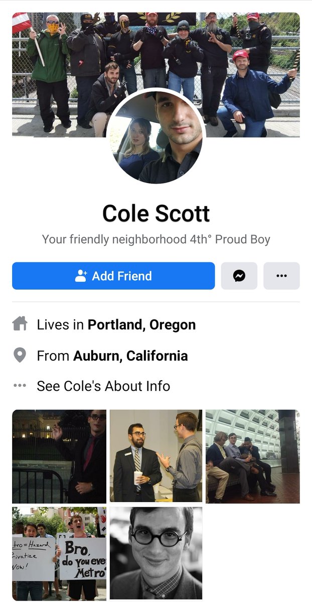 5: Cole Scott - 4th degree proud boy who recently accompanied Tiny Toese to disrupt  #CHAZ, and was documented assaulting someone blocks from the auto zone. His FB depicted here has been decommissioned by Facebook during a recent f45h purge. More on Scott ( https://pugetsoundanarchists.org/proud-boys-nazis-come-to-eugene-analyzing-the-america-first-rally/)