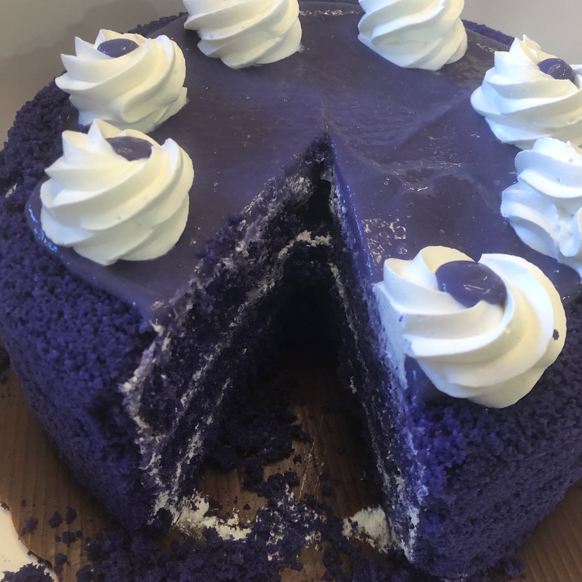 Consumption of ube cake has commenced.