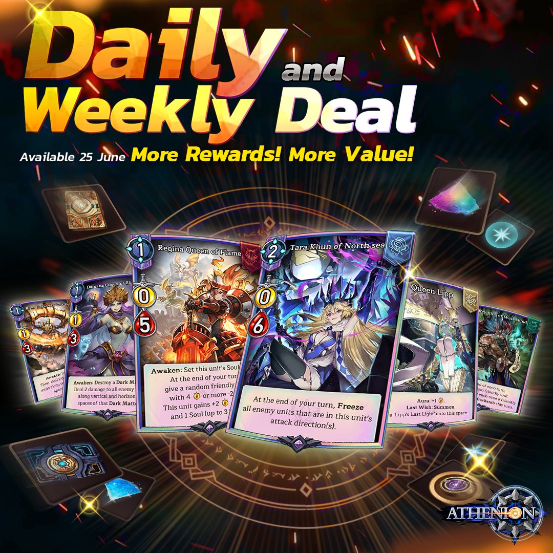 Athenion_Global's tweet photo. This patch update. We make an adjustment to our Daily and Weekly deal. By adding various card packs and Legendary cards to the deal. 😀😀

Join us! 🔗 https://t.co/1QxBrtRPIu

#athenion #tcg #ccg #cardgamedesign #cardgame #mobilegame https://t.co/dIdRMQpYRy
