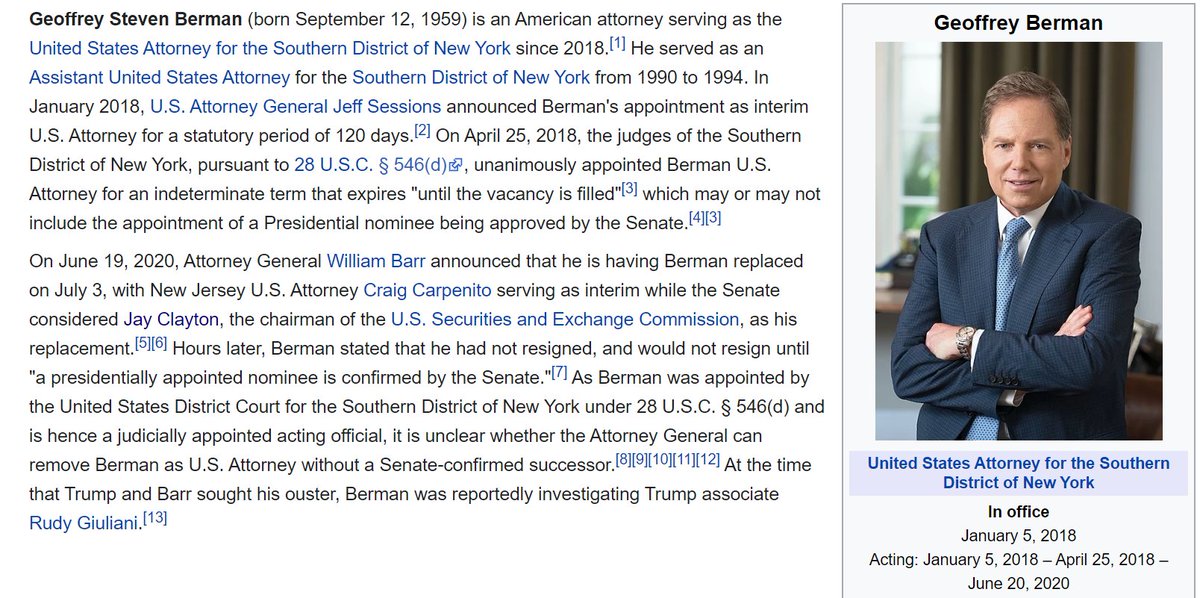5) In January of 2018, Jeff Sessions appointed Berman as interim U.S. Attorney for a 6-month term.3 months later, the judges of the Southern District of New York (under 28 U.S.C. § 546(d)) unanimously appointed him U.S. Attorney for an indefinite period of time.