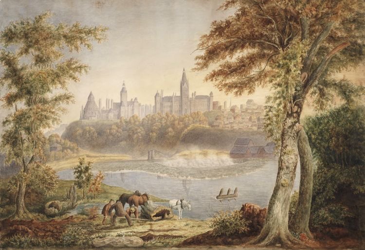 A 1881 painting of the Parliament buildings in Ottawa.