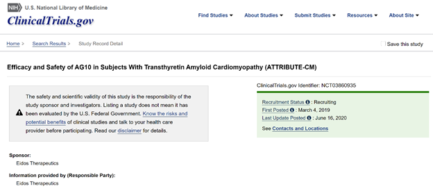 Other trials in the ATTR space: ATTRIBUTE-CM is another exciting trial of AG10, a stabilizer of TTR tetramer. N=510 (2:1), primary outcomes: 1)change in 6MWT and 2)all-cause death + CV hosp frequency. Tafamidis only allowed after 12 months  https://clinicaltrials.gov/ct2/show/NCT03860935