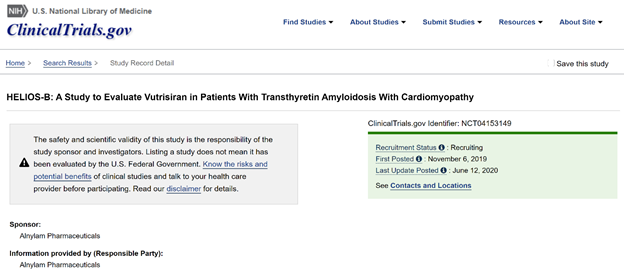 HELIOS-B is another trial in ATTR-CM testing vutrisiran (q3m) against placebo in a 600 patient trial. Outcome: all-cause mortality and CV hosp. A key point in the trial design: up to 30% only can receive tafamidis https://clinicaltrials.gov/ct2/show/NCT04153149 https://www.onlinejacc.org/content/accj/75/11_Supplement_1/3579.full.pdf