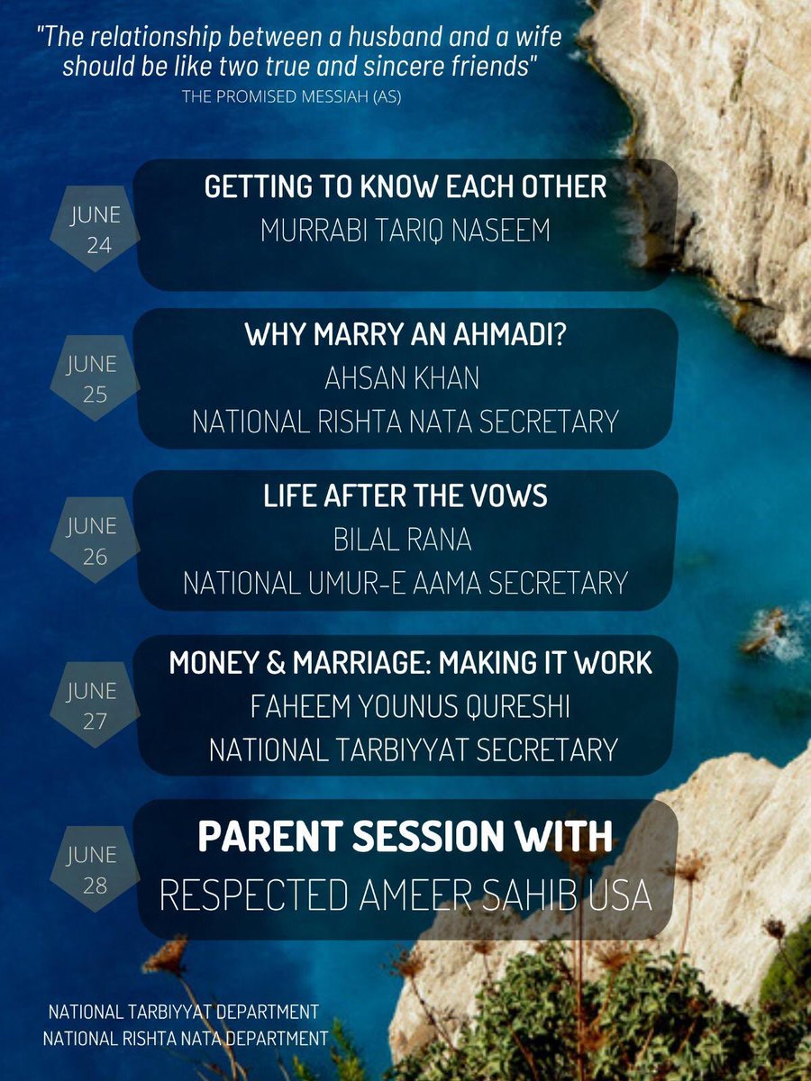 Please mark your calendars for the upcoming Spiritual Fitness Camp-Marriage Edition on June 24-28 from 7-9 pm ET. National Tarbiyat Department and <a href="/RishtaNataUSA/">Rishta Nata USA</a> have teamed up to put together a series of zoom discussions for our youth, 13-25 years (boys and girls) and parents.
