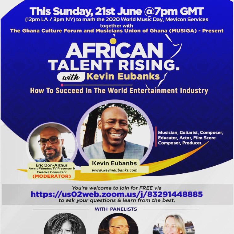 ivisions07's tweet photo. For us here in AFRICA, June 21st will be our ‘Christmas’, as we will learn a lot about music, life and art. AFRICAN TALENT RISING"  with ⭐ Kevin Eubanks  (Musician, Guitarist,Composer, Actor, Film Score Composer &amp; Educator)  #constantboty #meviconservices #kevineubanks https://t.co/IcCFADVB3s