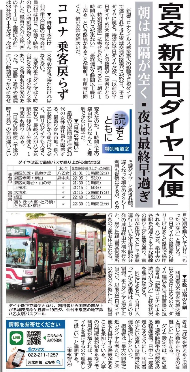 新ニツ 仙台圏バス事情 朝に１時間以上バスが来ない 最終便が２時間以上繰り上がる ６カ月定期購入者 もったいない 宮城交通 減便 宮交 新平日ダイヤ 不便 河北新報 T Co Pkjocg1pqc Twitter