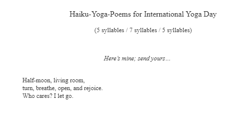 worddogs's tweet photo. It is International Yoga Day tomorrow. This is how I will be celebrating!
#robingreene #yoga #internationalyogaday #yogainstructor #poet #poetry #haiku https://t.co/pARRBv9uJd