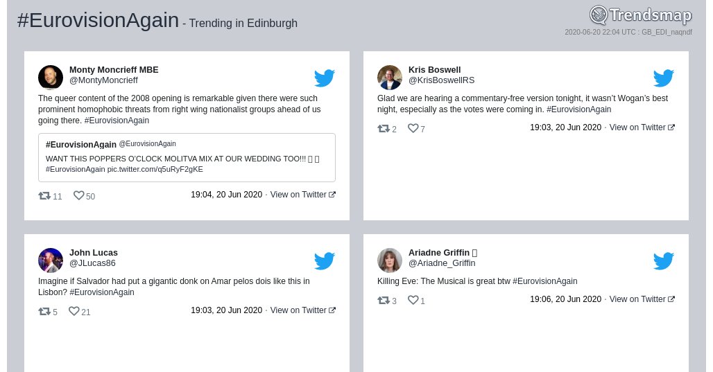 TrendsEdinburgh's tweet photo. #eurovisionagain is now trending in #Edinburgh

https://t.co/cBBwgaJM0a https://t.co/kuP2Nc47kV