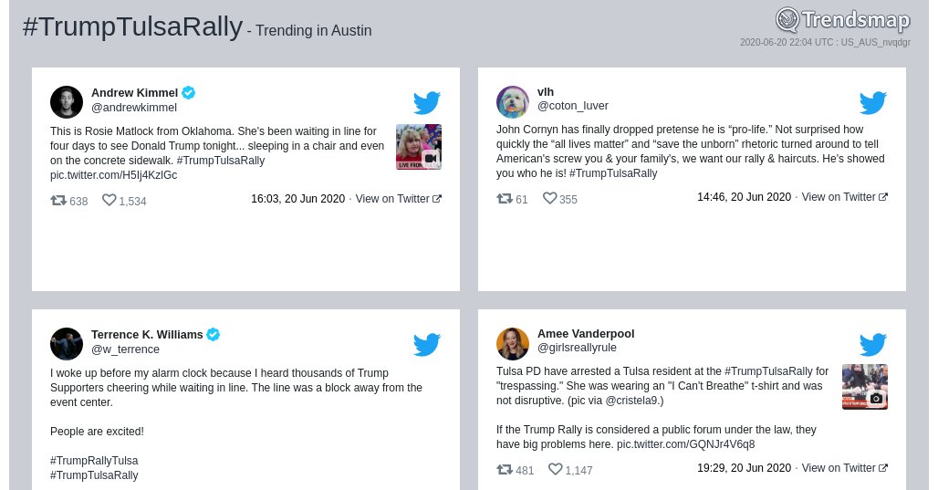 #trumptulsarally is now trending in #Austin

trendsmap.com/r/US_AUS_nvqdgr