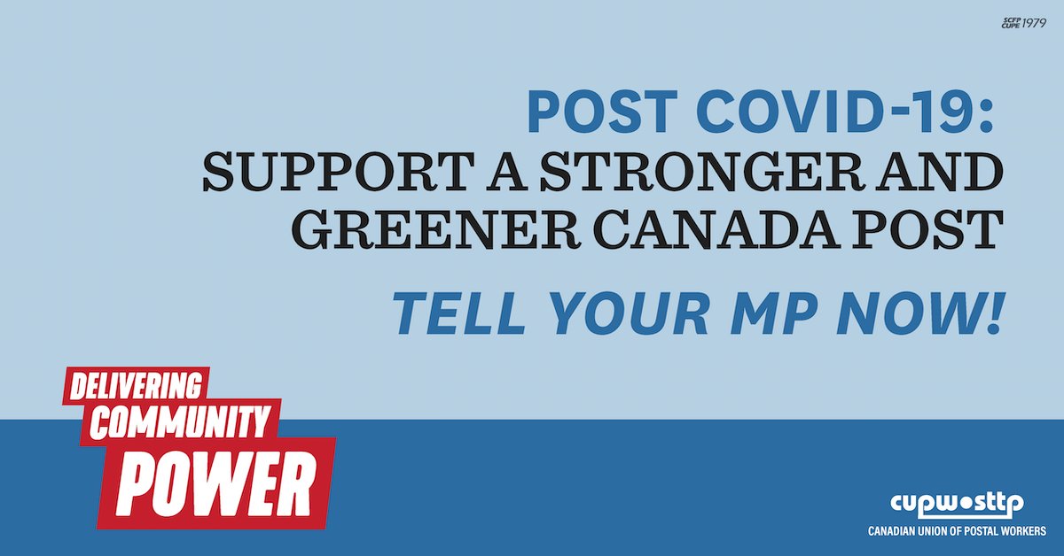 cupw's tweet photo. Post-#COVID19, we need a socio-economic structure and #JustRecoveryForAll that leaves nobody behind. @CanadaPost is our country’s largest logistics &amp; delivery network. Let’s use it to expand public services &amp; make them more inclusive. Tell your MP! https://t.co/2ME36lm8ID https://t.co/oCjof2lsnL