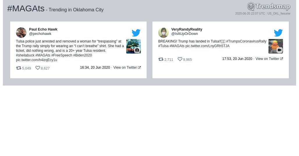 TrendsOKC's tweet photo. #magats is now trending in #OklahomaCity

https://t.co/M6FippM0Z6 https://t.co/lzRe3k95FO