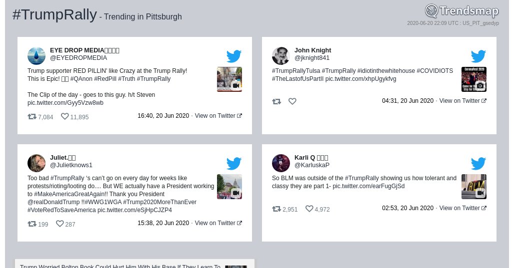 TrendsPGH's tweet photo. #trumprally is now trending in #Pittsburgh

https://t.co/U4lmFQCqRM https://t.co/s52GfCqMXv