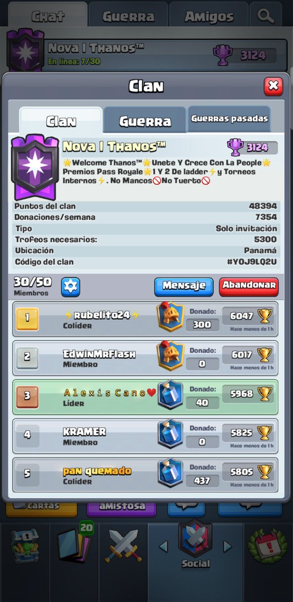 Hola❗Chicos Los Invito a Mi Humilde Clan❗
    No Mancos🚫No tuertos🚫
1- 🌟Se premia Al 1 y 2 Del clan con Pass Royale🌟.
2- 🌟Torneos Internos Con premio Pass royale🌟.
3-🌟Así Que los Invito a Mi clan Solo Nivel 12 y 13🌟⚡Chats Para Cualquier Consulta Al +507 6221-3376⚡