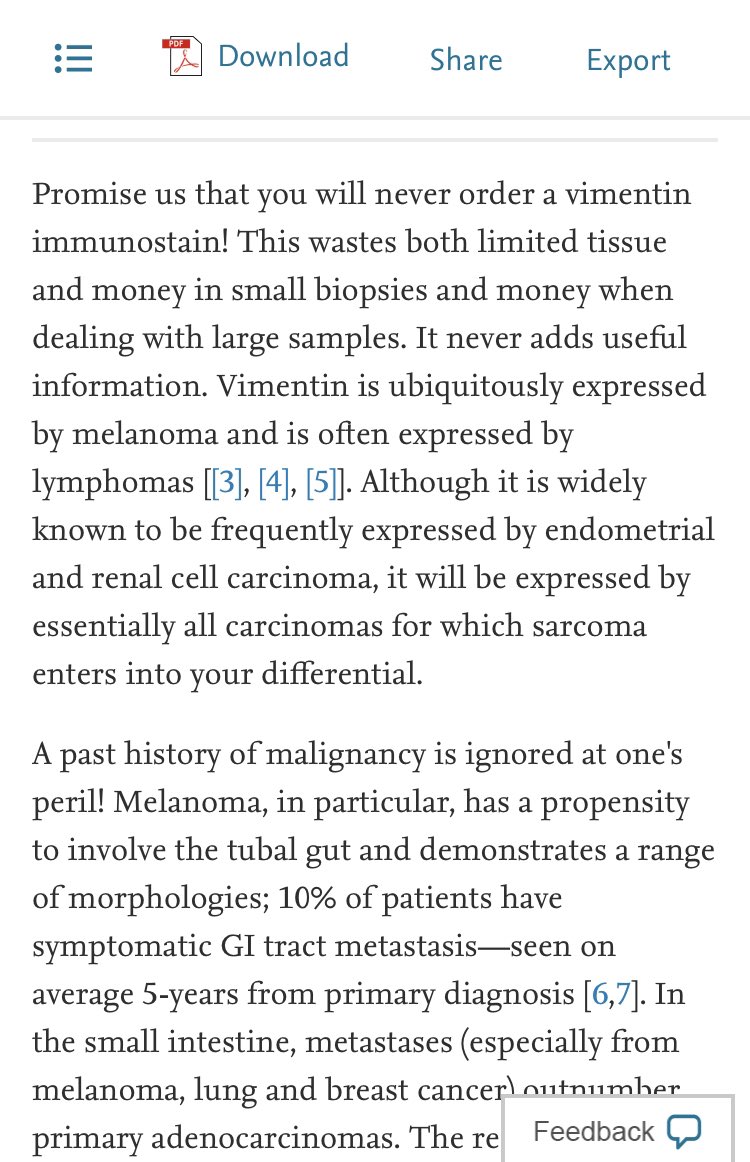10. So the next time you think about ordering vimentin to “rule out sarcoma”, ask yourself: Whymentin?I will close with this excellent paper by  @IHC_guy and  @LizMontgomeryMD and Jason Hornick. https://doi.org/10.1016/j.anndiagpath.2019.151419  end of thread 
