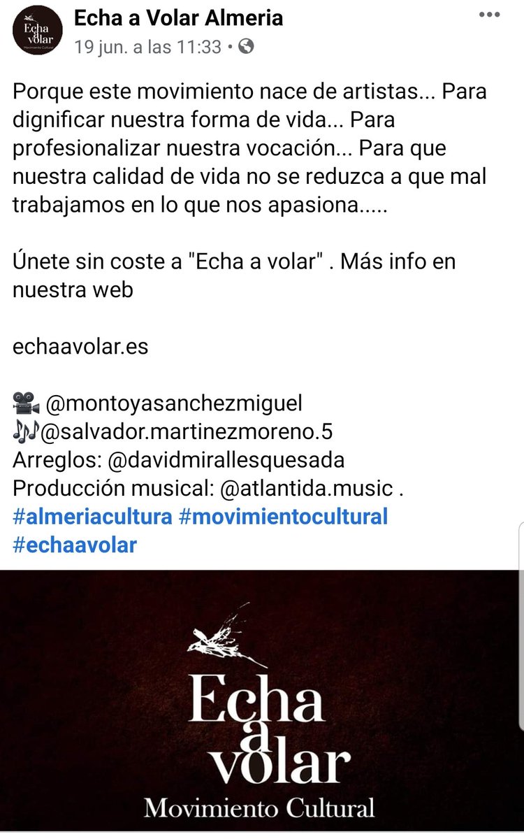 CulturalEcha's tweet photo. Únete a "Echa a volar" . Más info en nuestra web
https://t.co/Ixkr0DWywp
🎥 @montoyasanchezmiguel
🎶@salvador.martinezmoreno.5
Arreglos: @davidmirallesquesada
Producción musical:#atlantidamusic
#almeriacultura #Almería #movimientocultural #echaavolar https://t.co/QYA5pzyuMm