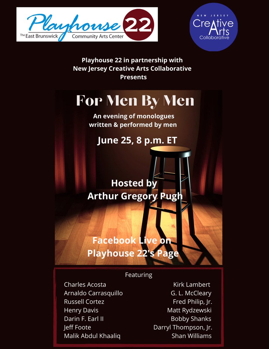 NJCAC1's tweet photo. NJCAC presents, in partnership with @Playhouse22 “For Men By Men”, an evening of monologues. Join us on June 25th at Playhouse 22’s Facebook page. https://t.co/YBulbVTa6j