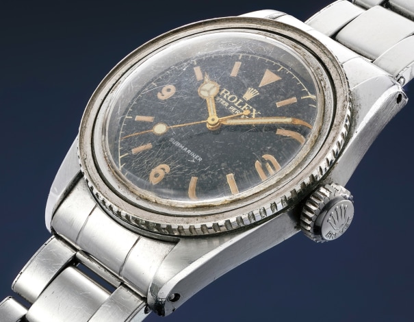 Ok so I'm very excited about this one. This is a Rolex Submariner ref. 6200 with explorer dial. It is fresh to market after being "unearthed in a souk in the streets of Cairo in 'barn-find' condition." It will be sold next week by Phillips and has an estimate of $257,000-515,000.
