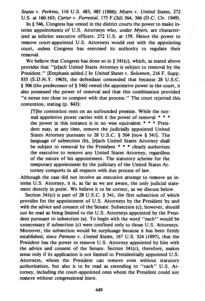 22) This DOJ Office of Legal Counsel opinion affirms the President's authority to remove court-appointed U.S. Attorneys.  https://www.justice.gov/file/22221/download