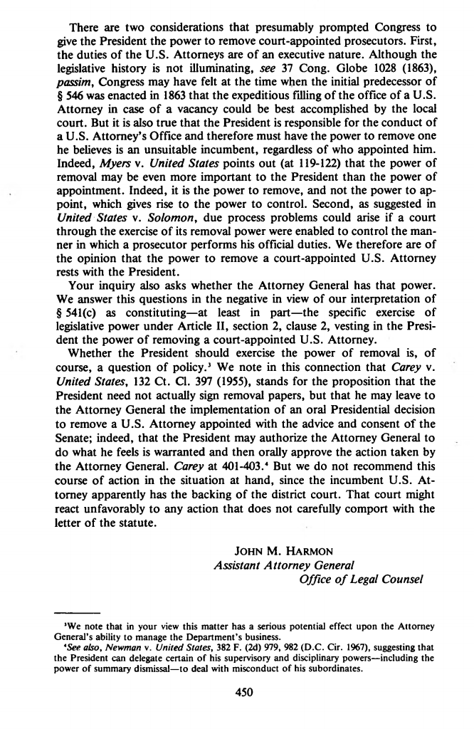 22) This DOJ Office of Legal Counsel opinion affirms the President's authority to remove court-appointed U.S. Attorneys.  https://www.justice.gov/file/22221/download
