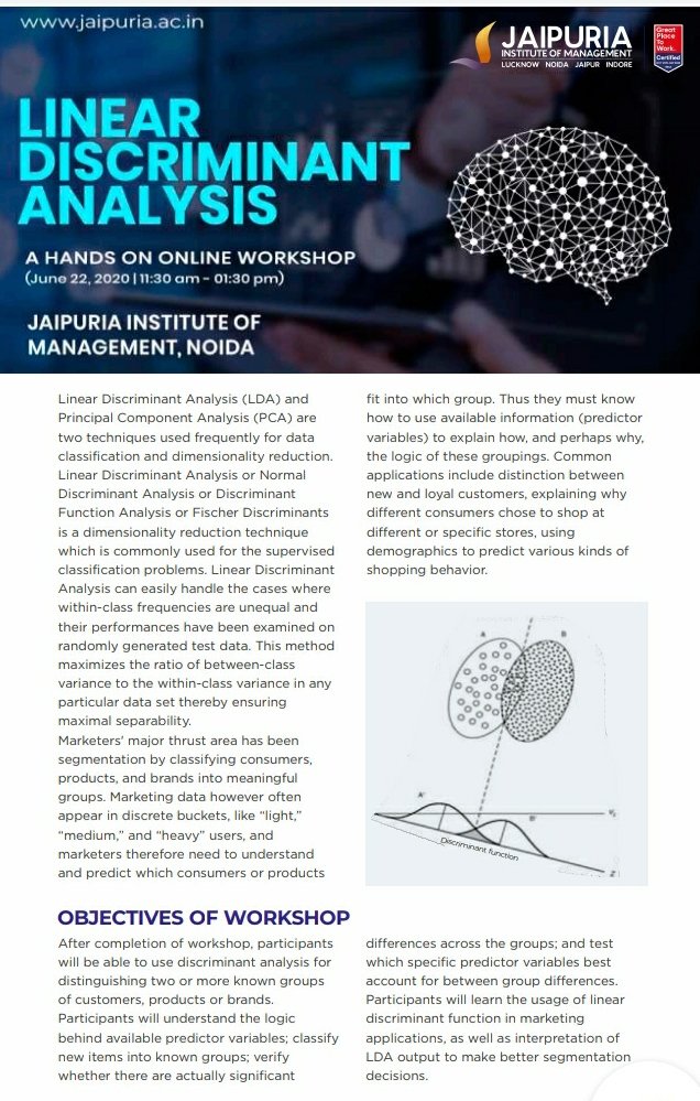 NoidaSmc's tweet photo. A HANDS ON WORKSHOP- LINEAR DISCRIMINANT ANALYSIS June 22, 2020 ; 1130amโ0130pm
by Jaipuria Institute of Management,Noida.
Trainer : Dr. Rajesh Sharma, Associate Professor rajesh.sharma@jaipuria.ac.in or 9650587251 #jaipuriainstituteotmanagementnoida #lineardiscriminantanalysis https://t.co/7b4GT4v2Km