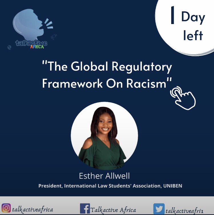 UnibenIlsa's tweet photo. @esther_allwell the current President of has been invited by "Talkative Africa" to explore the Global Regulatory Framework on Racial Discrimination.

All are invited to join her in the discourse via the attached link:

https://t.co/nrD6LQyUaL
TALKACTIVE AFRICA 🗣️ https://t.co/nXLOqtPd6q