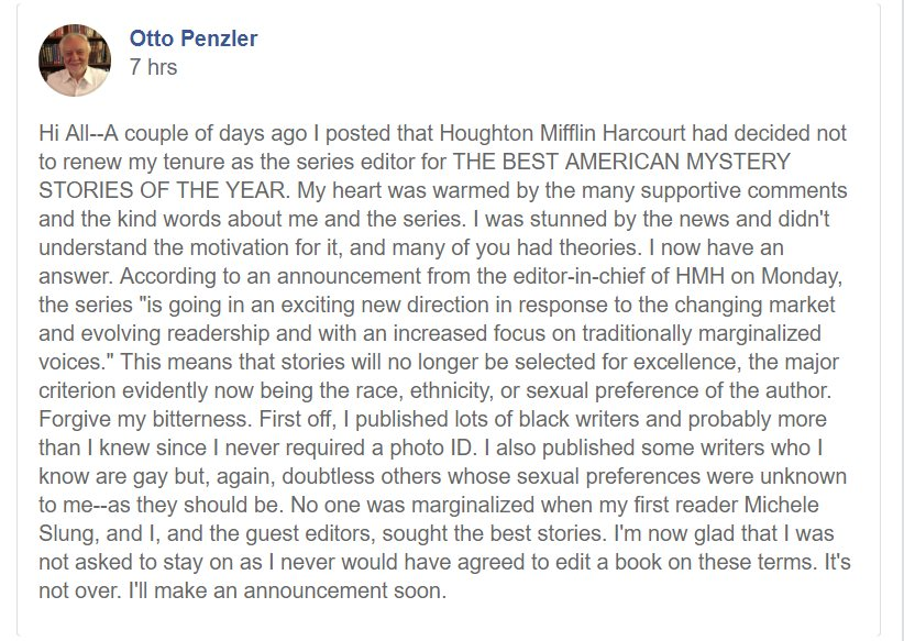 A  #Writing threadIf you don't know Otto Penzler, he is to murder mysteries what Burroughs is to the Pulp folks, or Asimov to the post Campbell SFF. He's edited more anthologies than I can count, he runs his own press and his own bookstore.Then there's this...