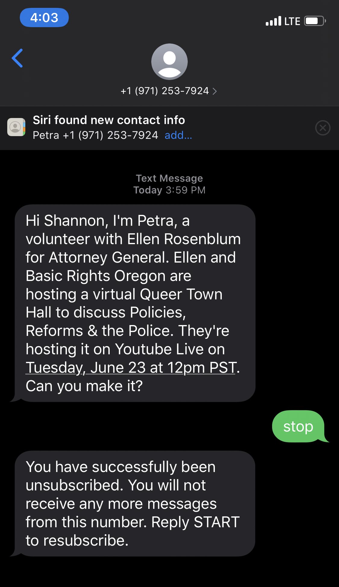 Brad Fitzpatrick 🌻 on X: Protip: SMS spam claiming to be a volunteer is  almost always a bot that complies with whatever law defines STOP as a thing  they must respect. t.coJHNo5EALtE 