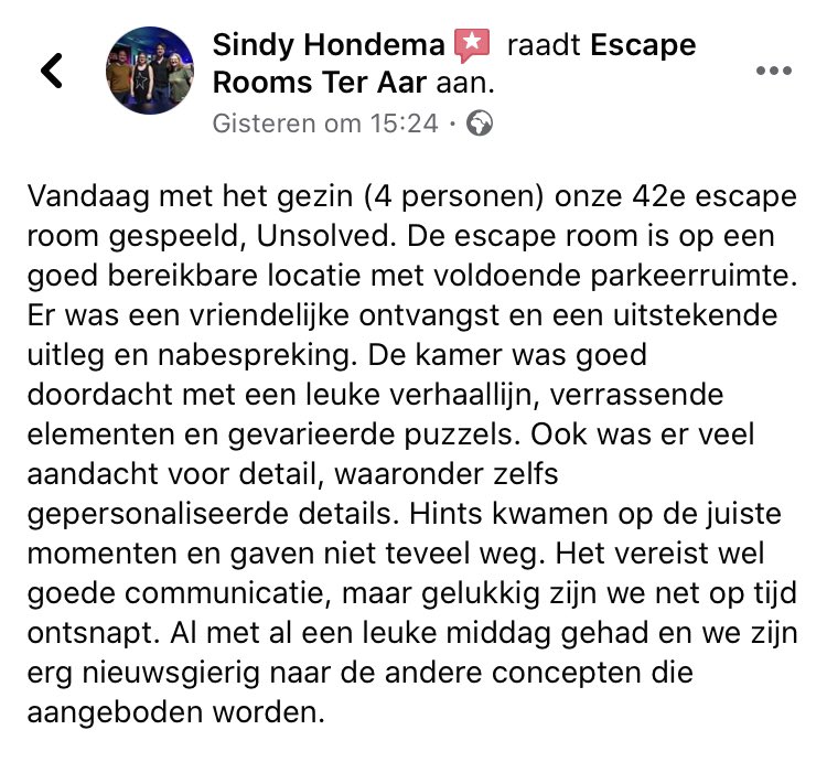 EscapeRoomTA's tweet photo. Kijk dat zijn nu fijne reviews! #escaperoom #escape #escapen #teraar #groenehart #watisertedoen #vakantie #eigenland https://t.co/xsjUXs0YUz