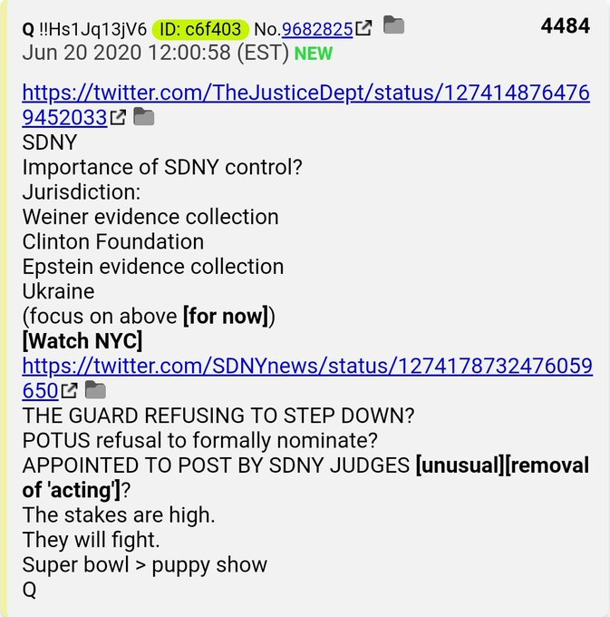 32.  #QAnon AG Barr nominates Jay Clayton as US Atty for SDNY."FEAR.The fun begins directly after.Will make the Super Bowl look like a puppy show."Berman refuses to resign - resign control over Weiner laptop, CF, Epstein, U1. https://twitter.com/SDNYnews/status/1274178732476059650  #Q