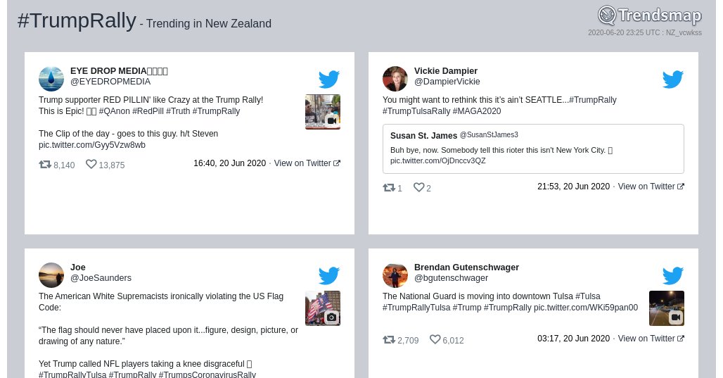 #trumprally is now trending in New Zealand

trendsmap.com/r/NZ_vcwkss
