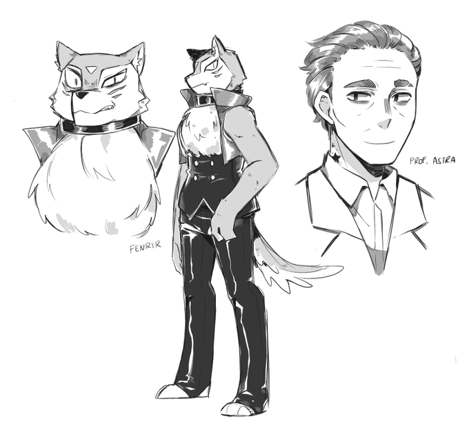 wolf man is fenrir btw! he's another reaper! this is his original sketch where i considered giving him chest floof bc my dog has chest floof
(pls ignore professor astra's skeletal visage) 
