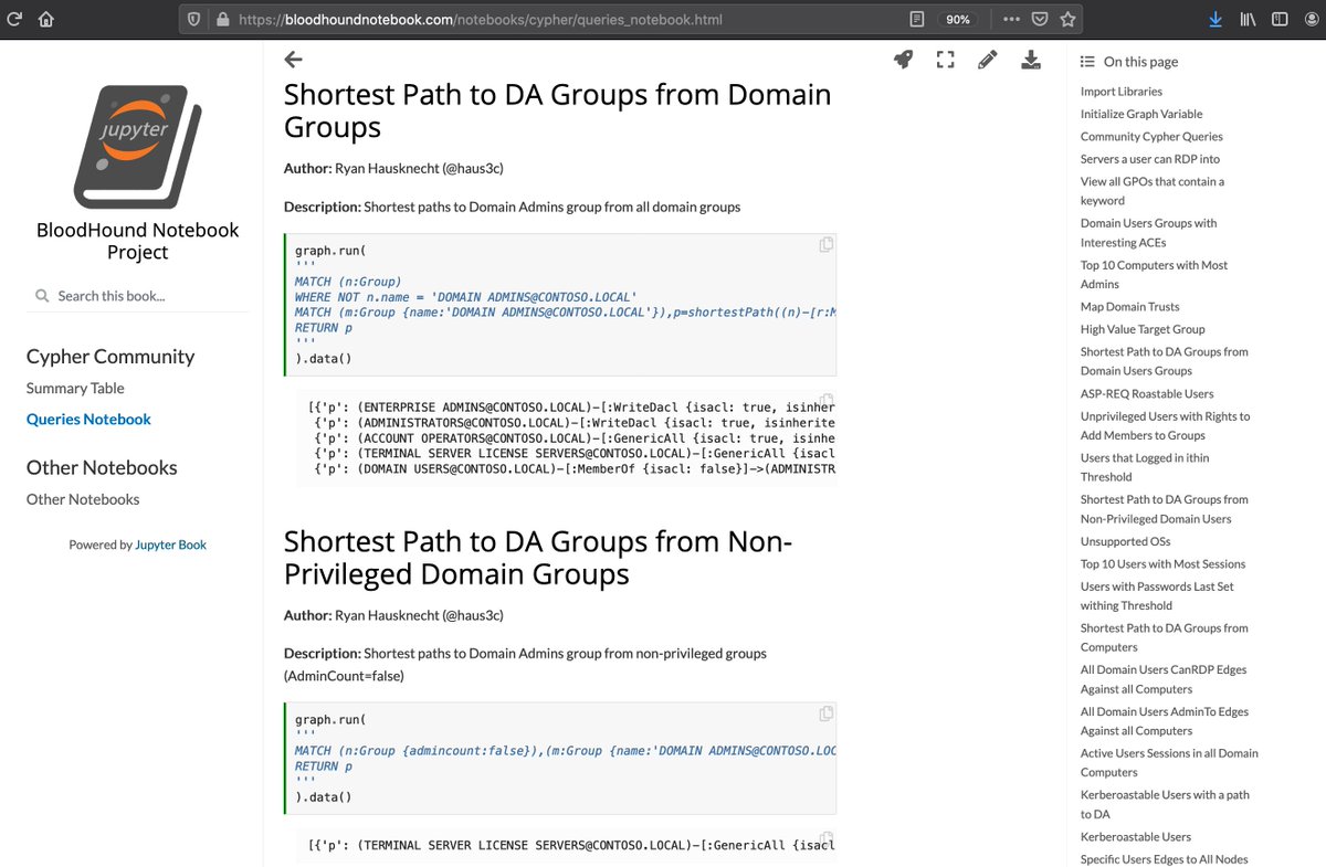🏡 Saturday project (WIP..)! 😅

a) Doc #Bloodhound cypher queries from the community in YAML

b) Auto parse queries &amp; create #jupyter notebook to query a <a href="/neo4j/">Neo4j</a> DB via py2neo

c) Docker #jupyter server &amp; #neo4j w/ #Bloodhound ExampleDB

d) Jupyter Book bloodhoundnotebook.com
