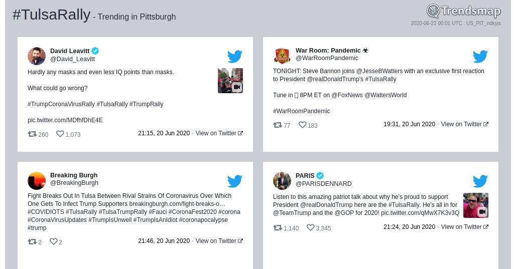TrendsPGH's tweet photo. #tulsarally is now trending in #Pittsburgh

https://t.co/np9sqffgTC https://t.co/Z0nksiHy3D