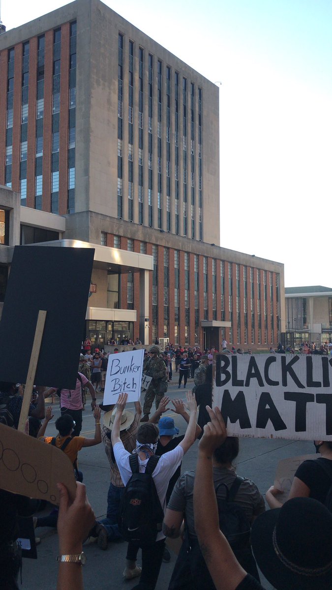 UnifyTulsa's tweet photo. UPDATE ON THE GROUND NATIONAL GUARD PUSHING BACK PROTEST LINE. ONE PROTECTOR ARRESTED. STATE TROOPERS BEING DEPLOYED. ANYONE OUT HERE GEAR UP FOR TEAR GAS https://t.co/rh9caP8C64