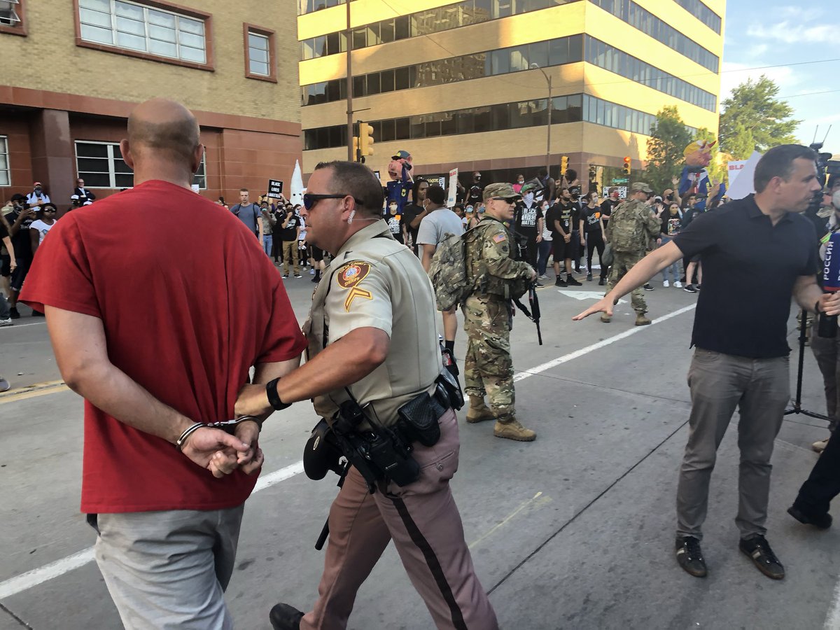 Trump supporter ran at person through national guard line. Not sure if he got a swing off, but he was arrested. I have video on hd cam, will review later.