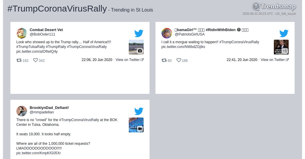TrendsStLouis's tweet photo. #trumpcoronavirusrally is now trending in #StLouis

https://t.co/jBQMM7YkOX https://t.co/O2s5lsJONL