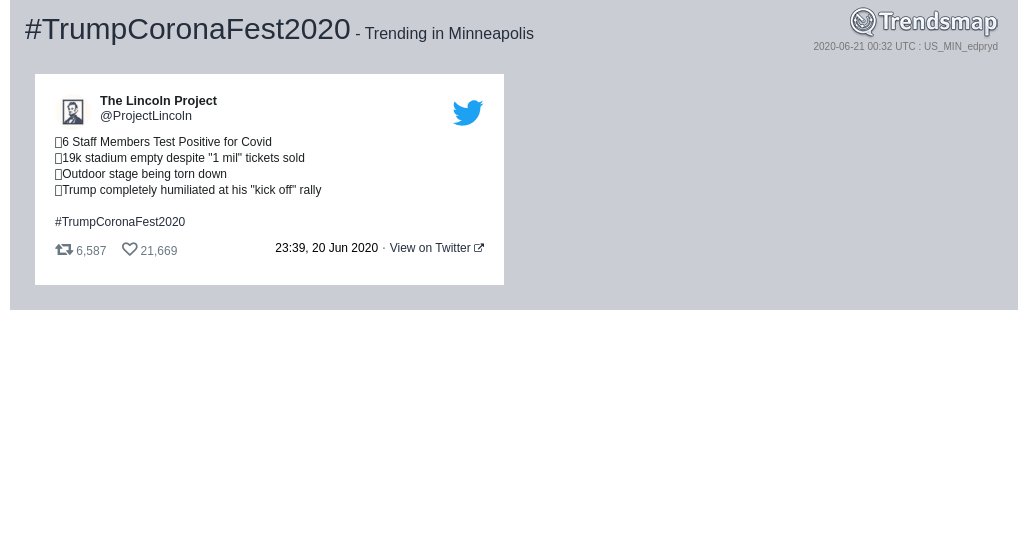 TrendsMPLS's tweet photo. #trumpcoronafest2020 is now trending in #Minneapolis

https://t.co/bKnS1ZDQK7 https://t.co/zLqFivTqnp