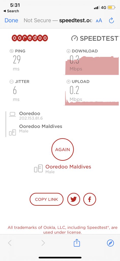 Muaz_567's tweet photo. @OoredooMaldives this is the speed which comes with Ooredoo 4G! I wonder what’s the speed on your 5G https://t.co/hhl8qzunzp