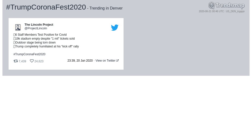TrendsDenver's tweet photo. #trumpcoronafest2020 is now trending in #Denver

https://t.co/7HsPRlXTbo https://t.co/DQqzLLNRS2